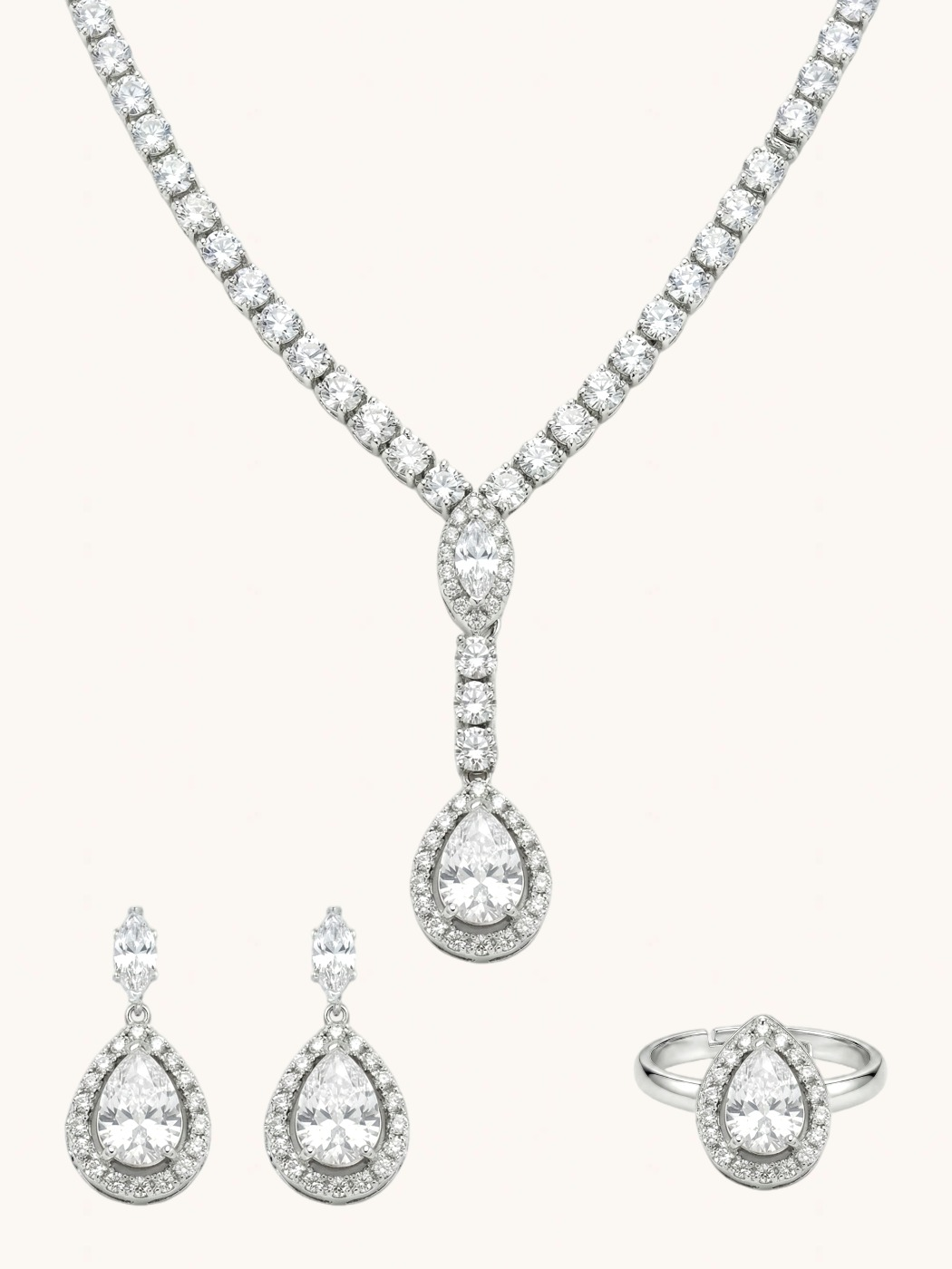 Front View of Nova White Drop Set with Earrings and Ring in Rhodium Plated Metal Comfort Fit Copper One Size 18.8gms Mix