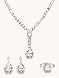 Front View of Nova White Drop Set with Earrings and Ring in Rhodium Plated Metal Comfort Fit Copper One Size 18.8gms Mix