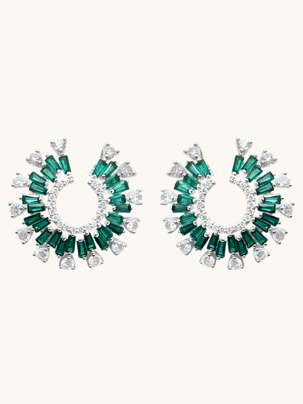 Front View of Herina Halo Stud Earrings in Plated Metal-Green Jewelry for Pierced Ears Post / Pin & Push 925 Sterling Silver Stamp Marked Rhodium Brass 3 cm 10.7gms