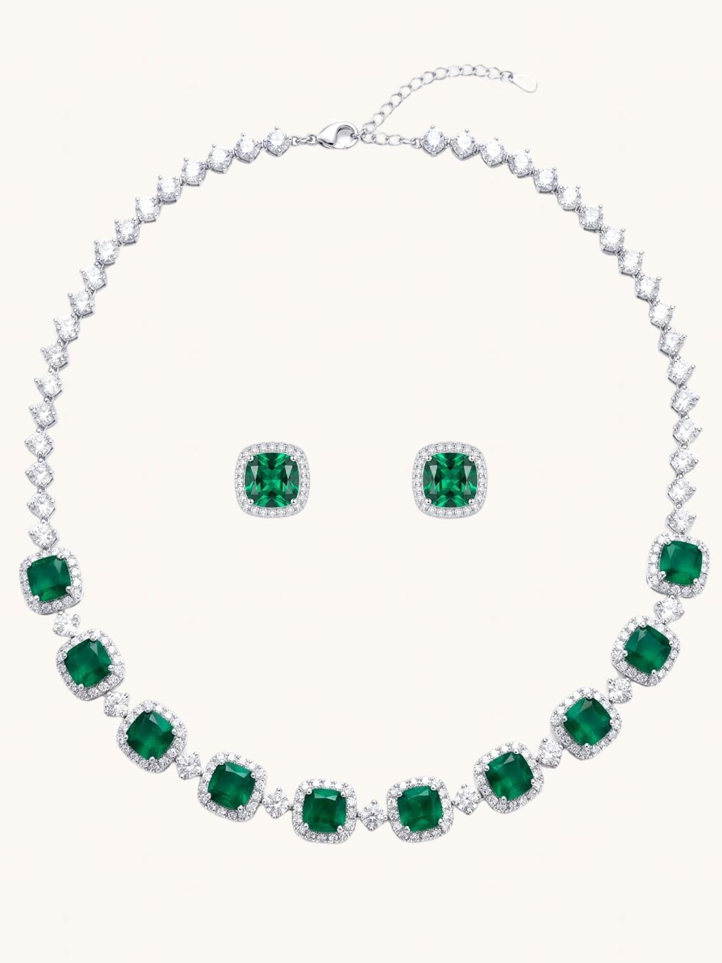 Front View of Martina Necklace and Earrings Set-Green Comfort Fit Rhodium Plated Copper One Size 35.3gms Mix Metal