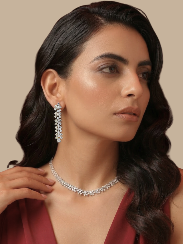 Model Wearing Blair Necklace Set with Earrings and Ring in Rhodium Plated Metal Comfort Fit Copper One Size 40.4gms Mix