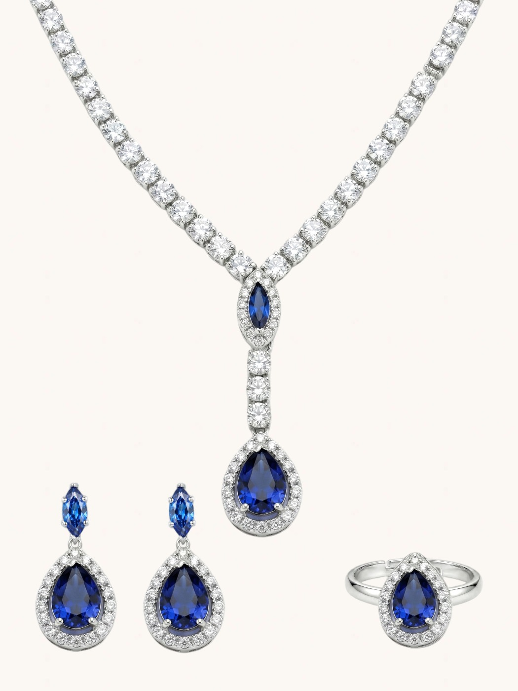 Front View of Nova Blue Drop Necklace set with Earrings and Ring in Rhodium Plated Metal Comfort Fit Copper One Size 18.8gms Mix