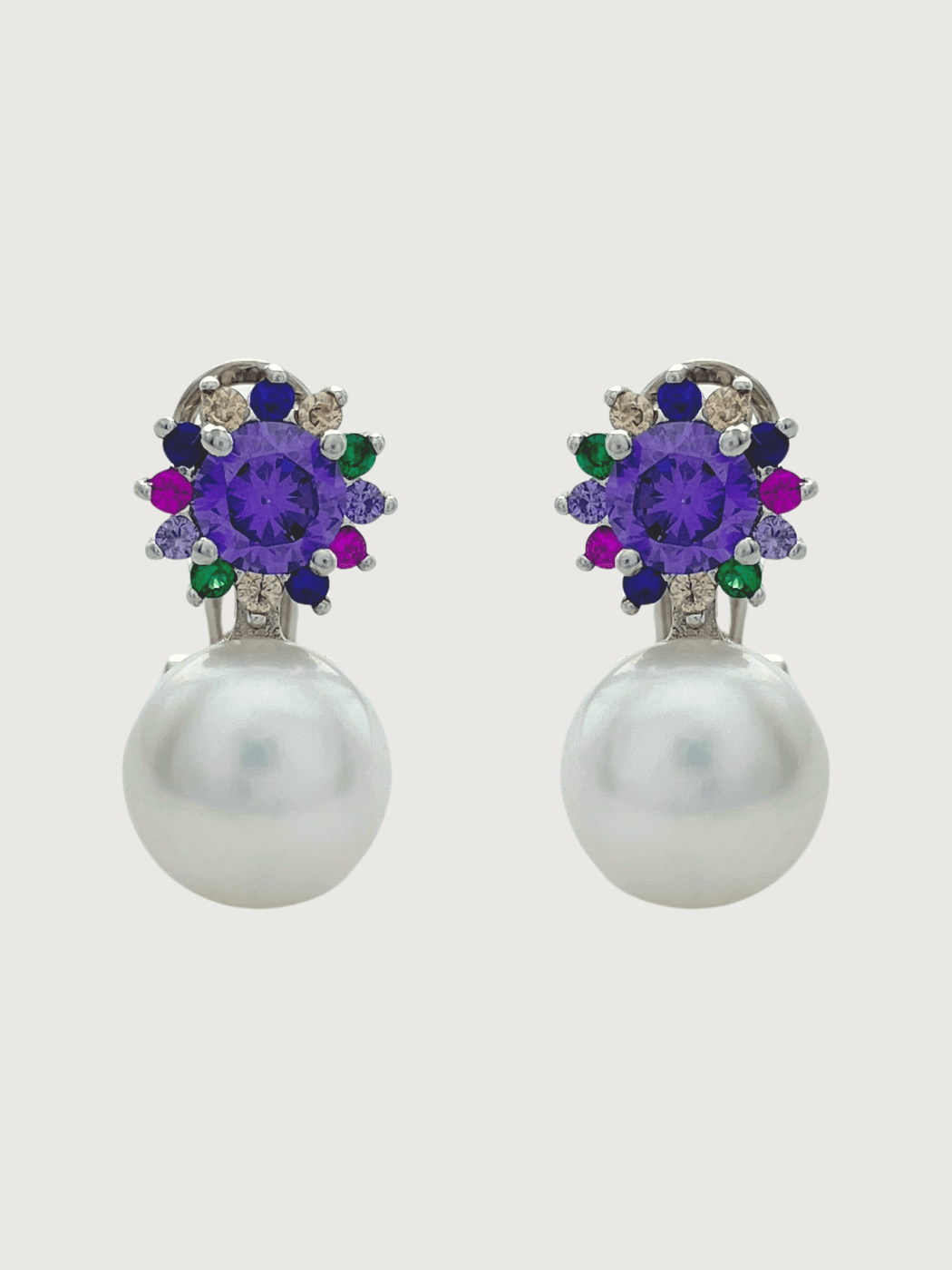 Front View of Iris Amethyst & Pearl Earrings in Sterling Silver Jewelry for Pierced Ears 925 Metal Stone One Size 5.3gms