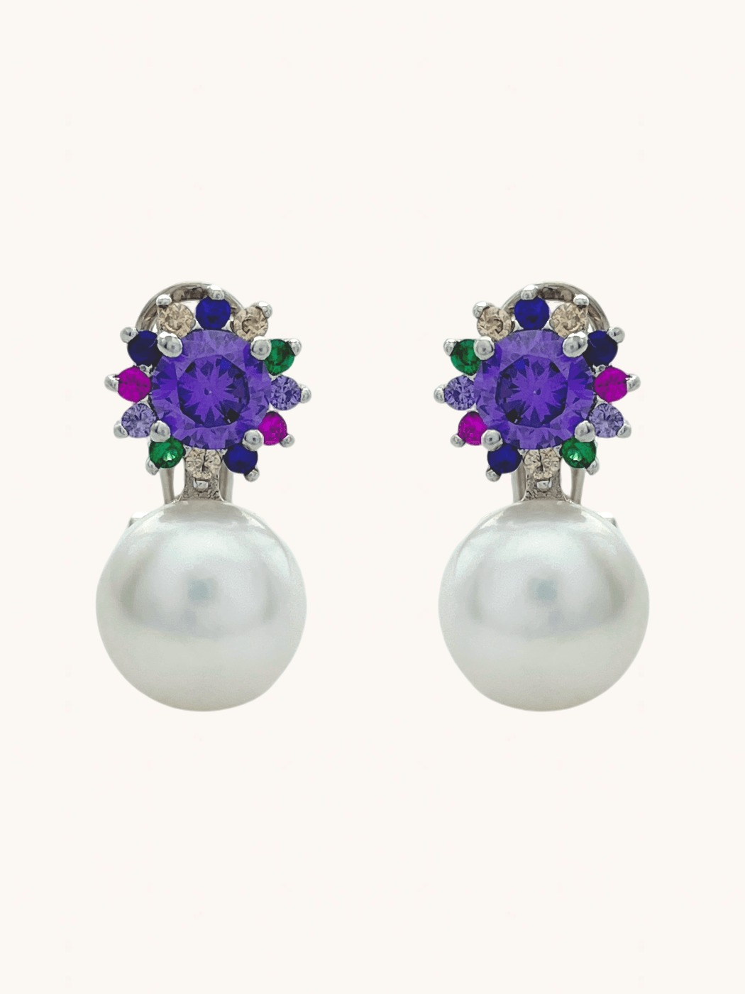 Front View of Iris Amethyst & Pearl Earrings in Sterling Silver Jewelry for Pierced Ears 925 Metal Stone One Size 5.3gms