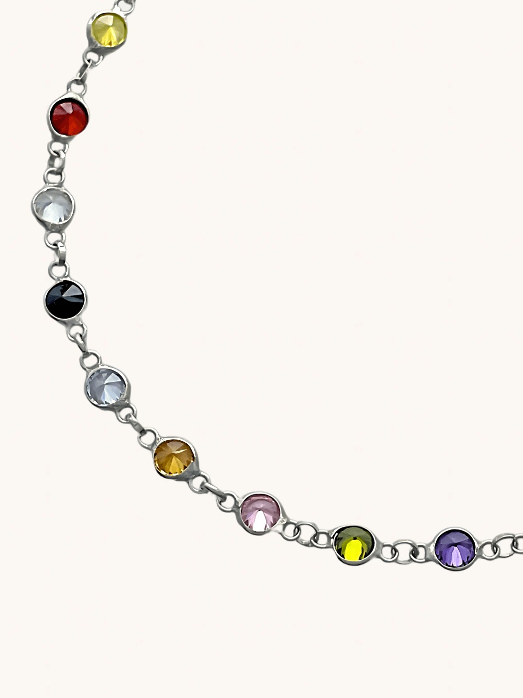 Closeup of Cora Rainbow Bracelet in Rhodium Plated Sterling Silver Adjustable Length 925 Metal One Size 3.1gms
