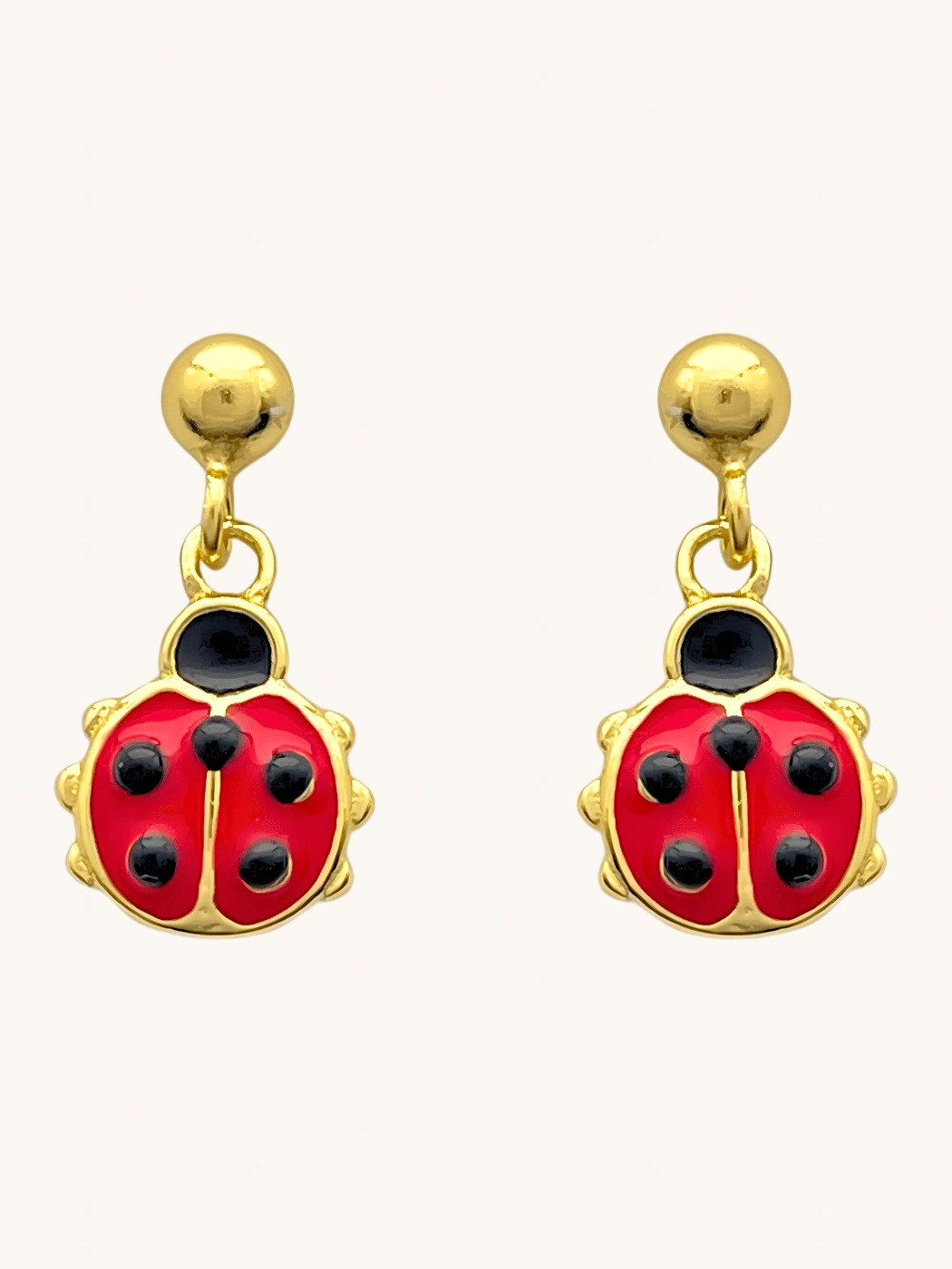 Front View of Little Princess Lady Bug Earrings in 18k Gold plated Sterling Silver Jewelry for Pierced Ears Plated 925 Metal One Size 1.7gms