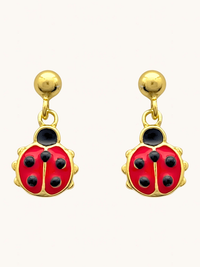 Front View of Little Princess Lady Bug Earrings in 18k Gold plated Sterling Silver Jewelry for Pierced Ears Plated 925 Metal One Size 1.7gms