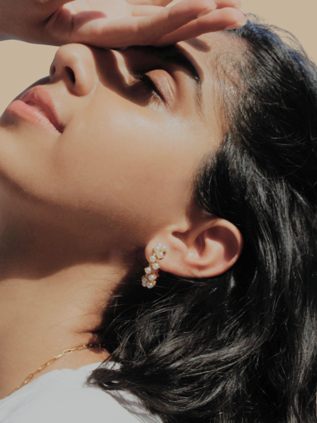 Alternate View of Model Wearing Reef Pearl Waterproof Hoop Earrings Jewelry for Pierced Ears 18k Gold Plated Steel | Hypoallergenic Tarnish Resistant Sweat Water Eco - Friendly One Size 6.1gms Stainless