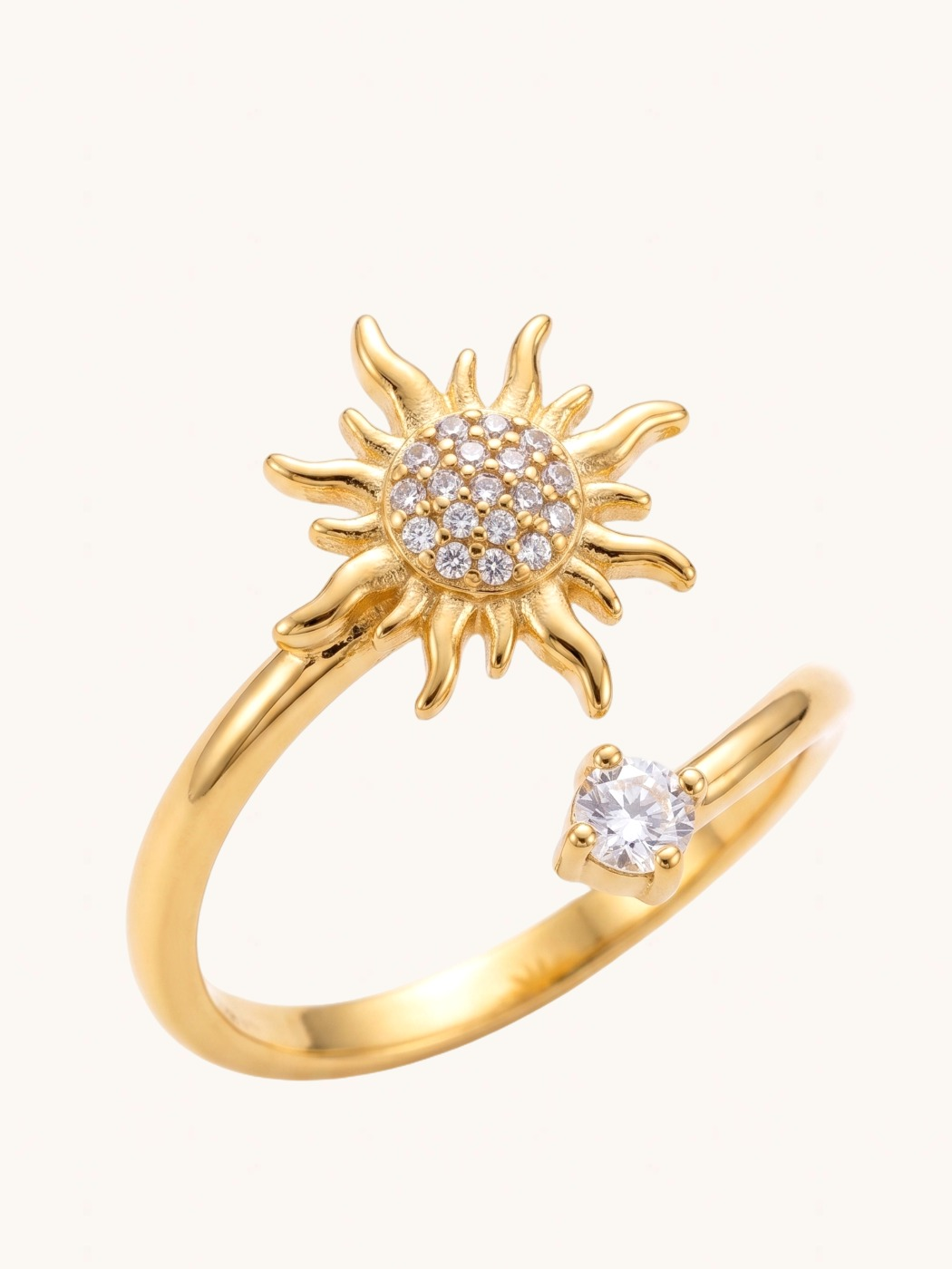 Closeup of Soleil Sunburst Open Ring Comfort Fit 18k Gold Plated Steel | Hypoallergenic Tarnish Resistant Sweat Water 6 cm 1.9gms Stainless