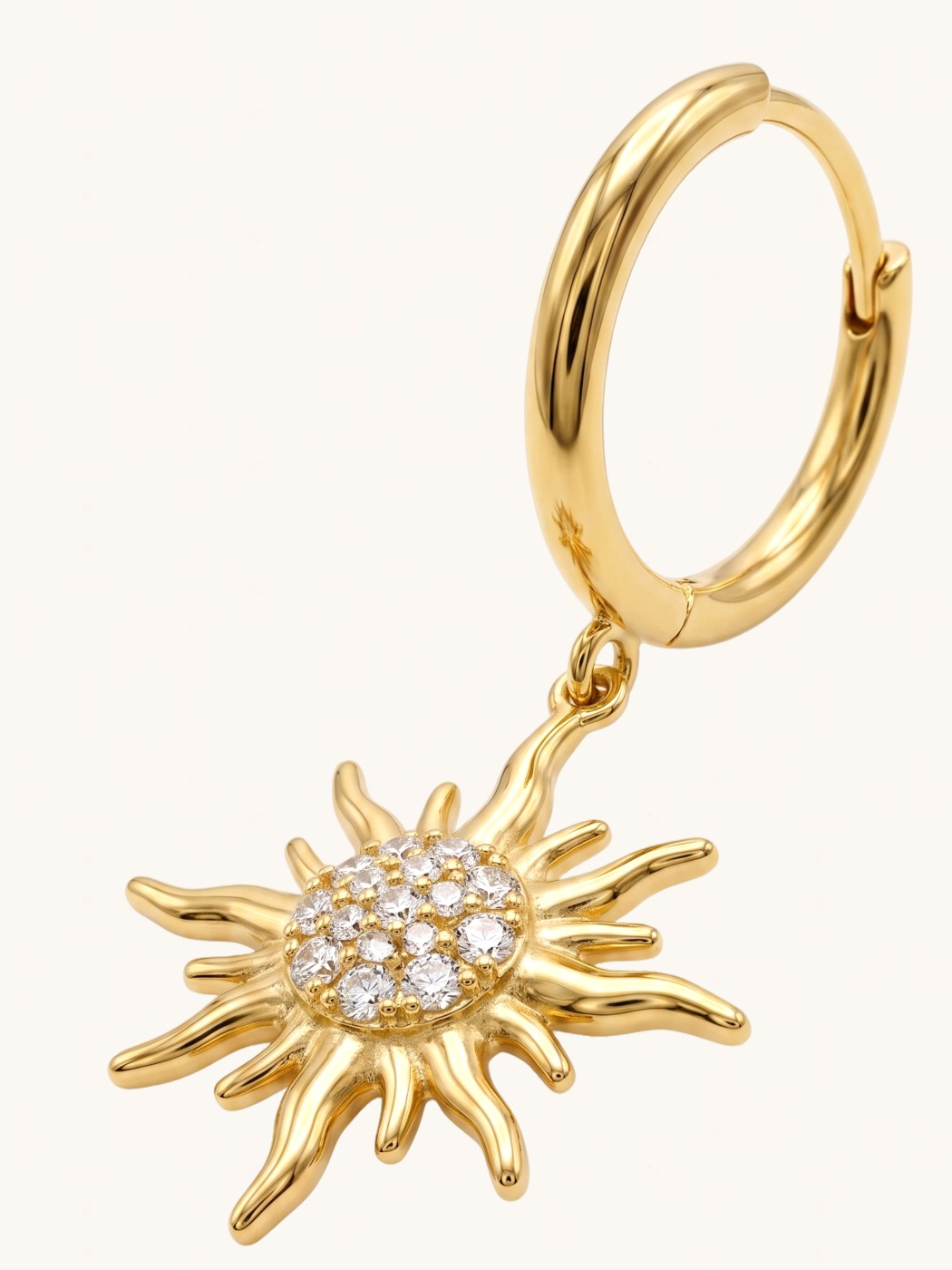 Closeup of Soleil Sunburst Hoop Earrings Jewelry for Pierced Ears 18k Gold Plated Steel | Hypoallergenic Tarnish Resistant Sweat Water 2 cm 5.7gms Stainless