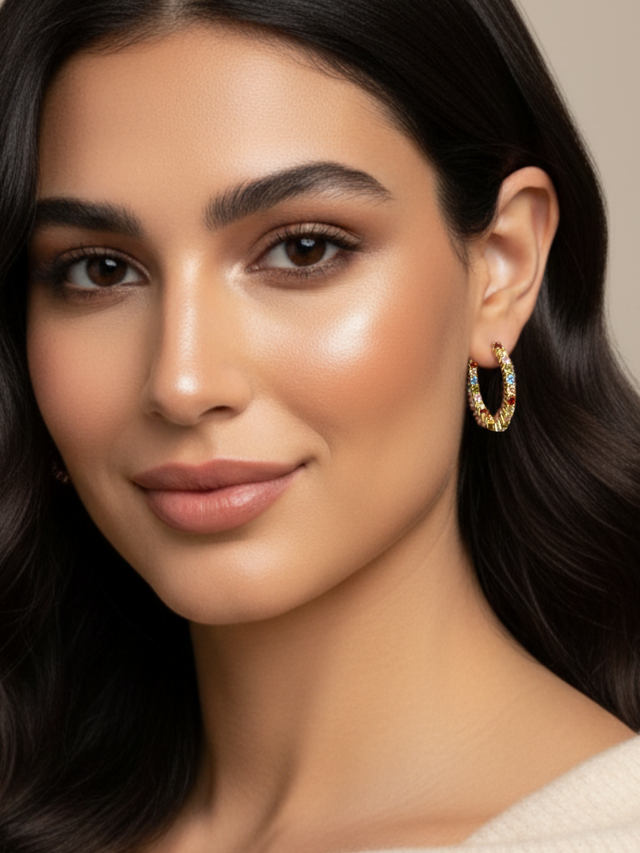 Model Wearing Alana Hoop Earrings Jewelry for Pierced Ears 18k Gold Plated 925 Sterling Silver One Size 5.7gms