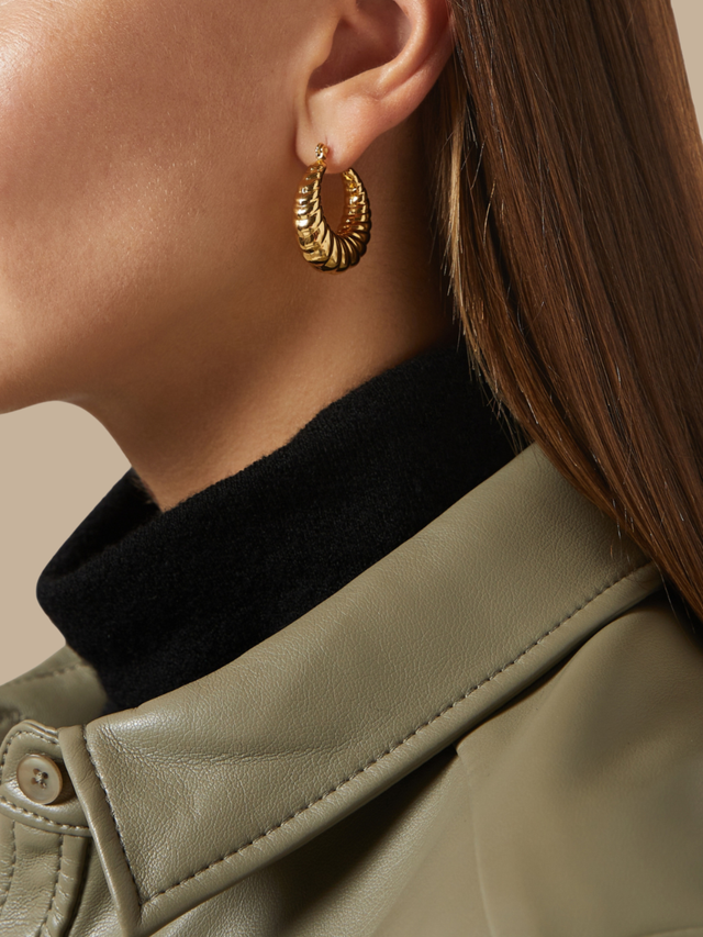 Model Wearing Seashell Hoop Earrings Jewelry for Pierced Ears 18k Gold Plated Steel | Hypoallergenic Tarnish Resistant Sweat Water Eco - Friendly One Size 7.6gms Stainless
