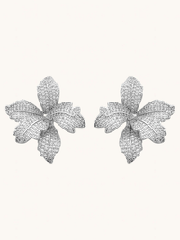 Front View of Orchid Bloom Stud Earrings in Rhodium-Plated Metal Jewelry for Pierced Ears Rhodium Plated Copper 925 Sterling Silver One Size 10.1gms