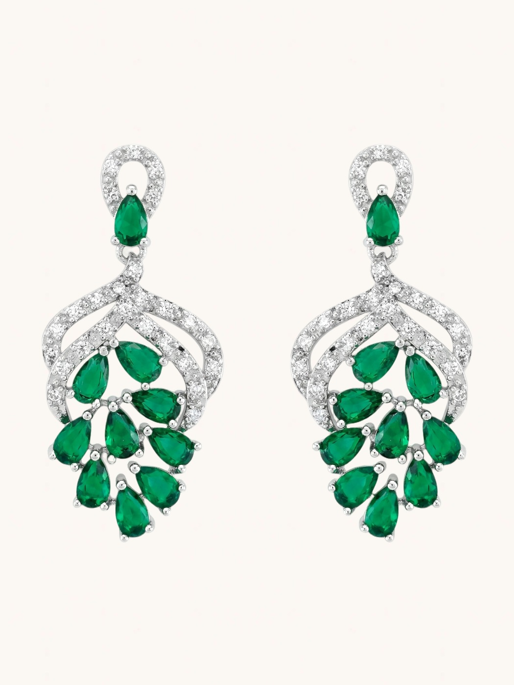 Front View of Lyra Vine Cluster Drop Earrings in Rhodium Plated Metal-Green Jewelry for Pierced Ears Post / Pin & Push 925 Sterling Silver Stamp Marked Brass 3.5 cm 6.5gms