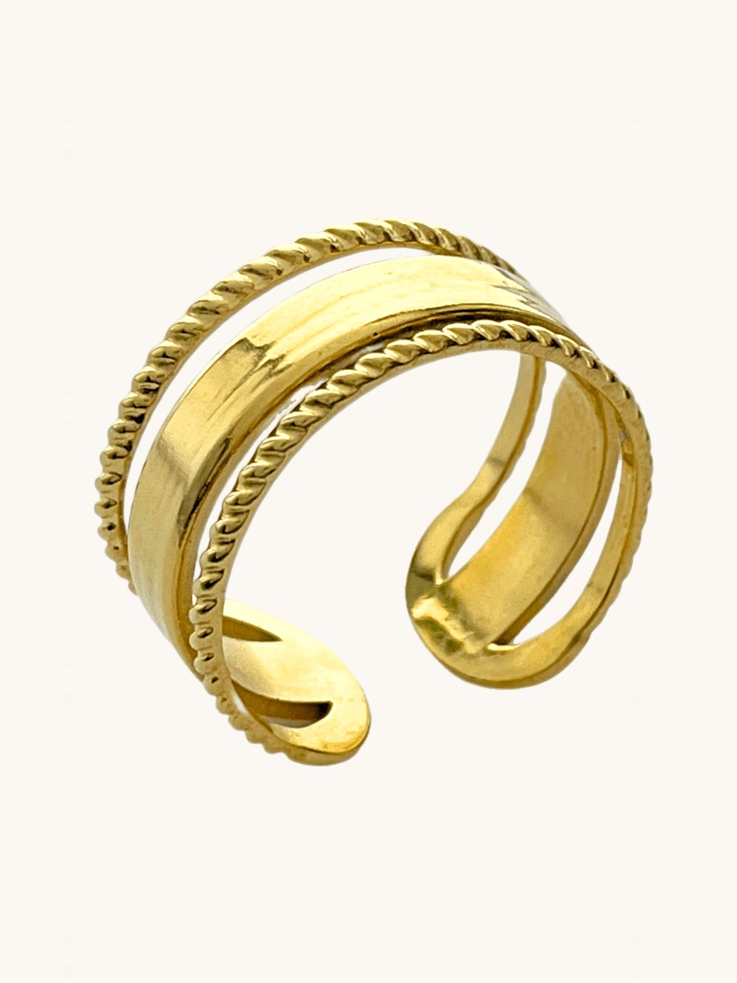 Closeup of Isabella Open Ring in 18k Gold-Plated Metal Open-Adjustable-Resizable Gold Plated Steel | Hypoallergenic Tarnish Resistant Sweat Water Eco - Friendly One Size 2.9gms