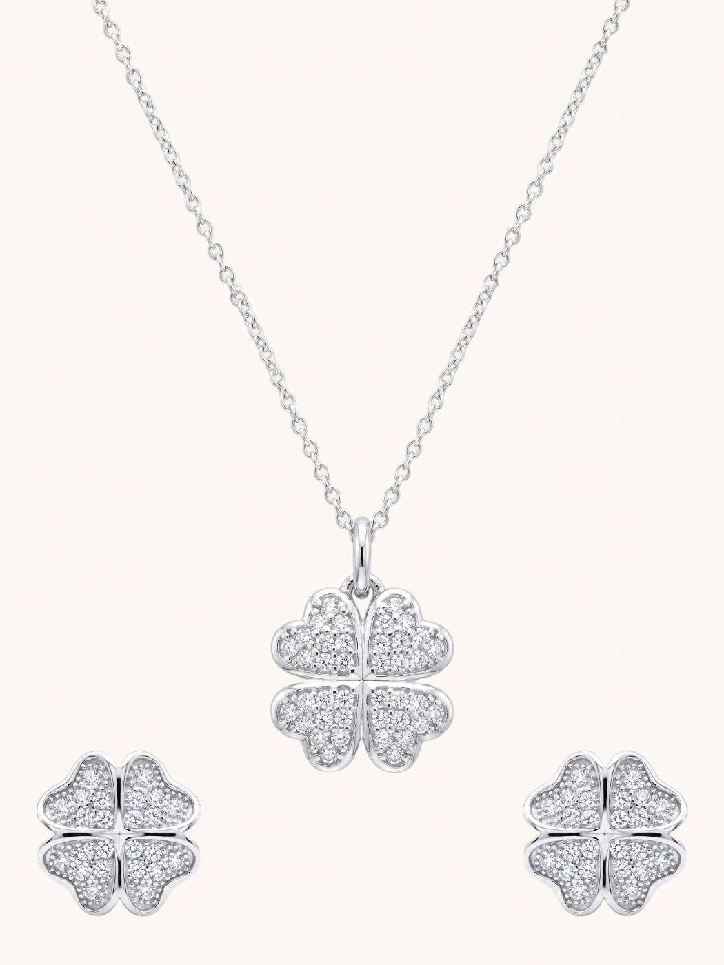 Front View of Cara Clover Pendant Necklace Set Fixed Length 925 Sterling Silver 16 inches 4.2gms