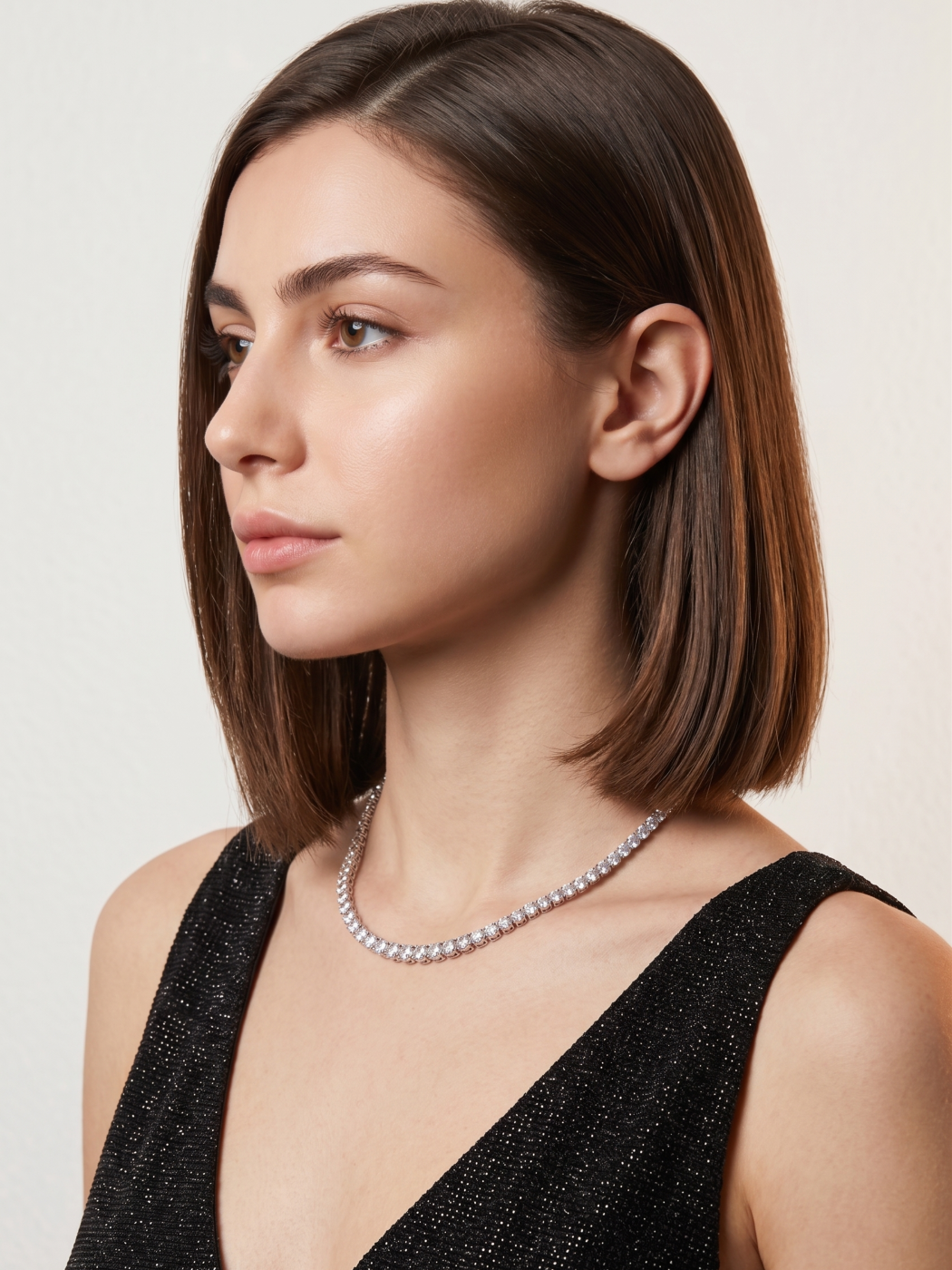 Model Wearing Zara Choker Tennis Necklace Adjustable Length 925 Sterling Silver 10 inches 17.8gms