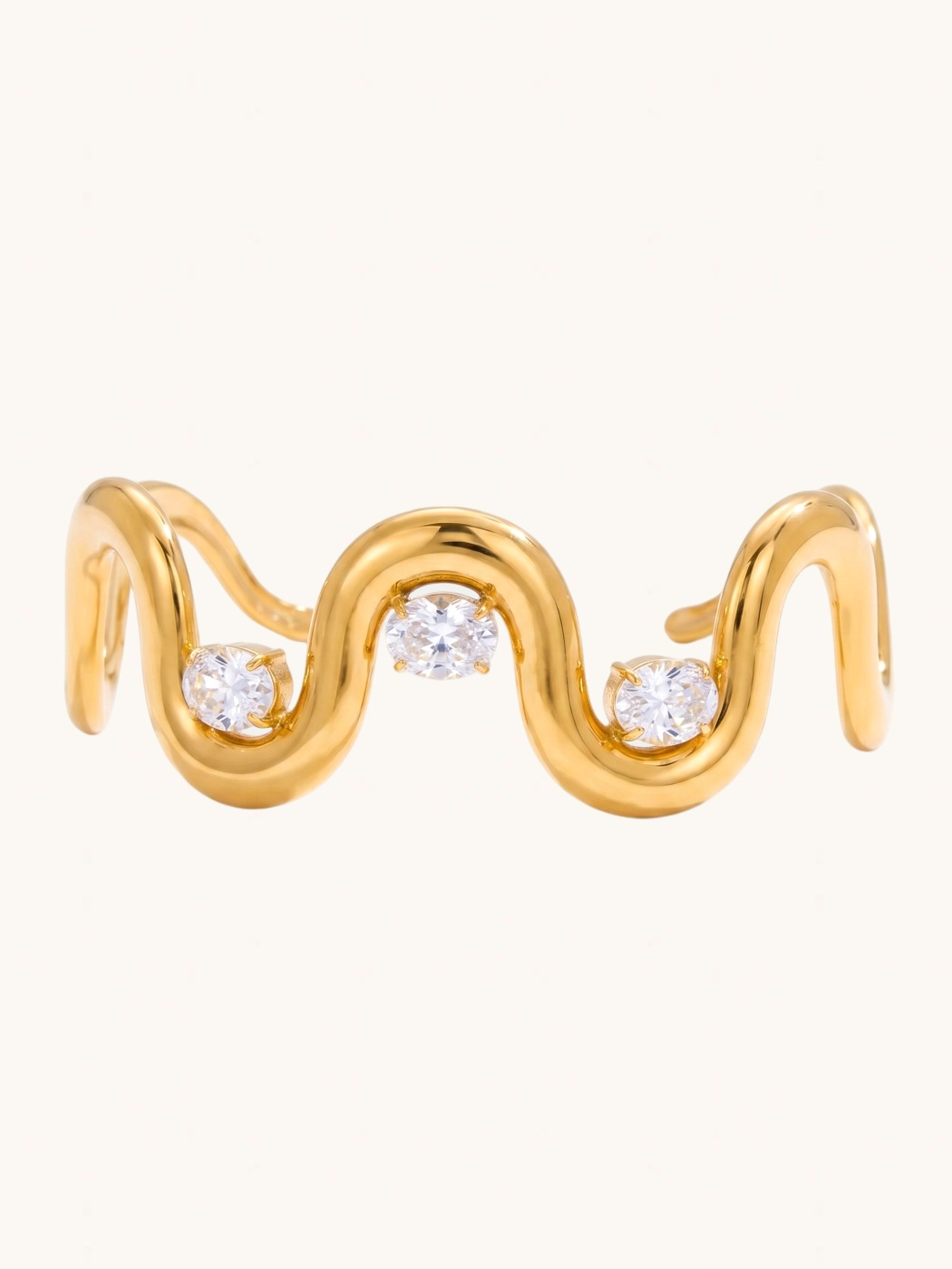 Front View of Solara Wave Bangle Comfort Fit 18k Gold Plated Steel | Hypoallergenic Tarnish Resistant Sweat Water 7 inches 14gms Stainless