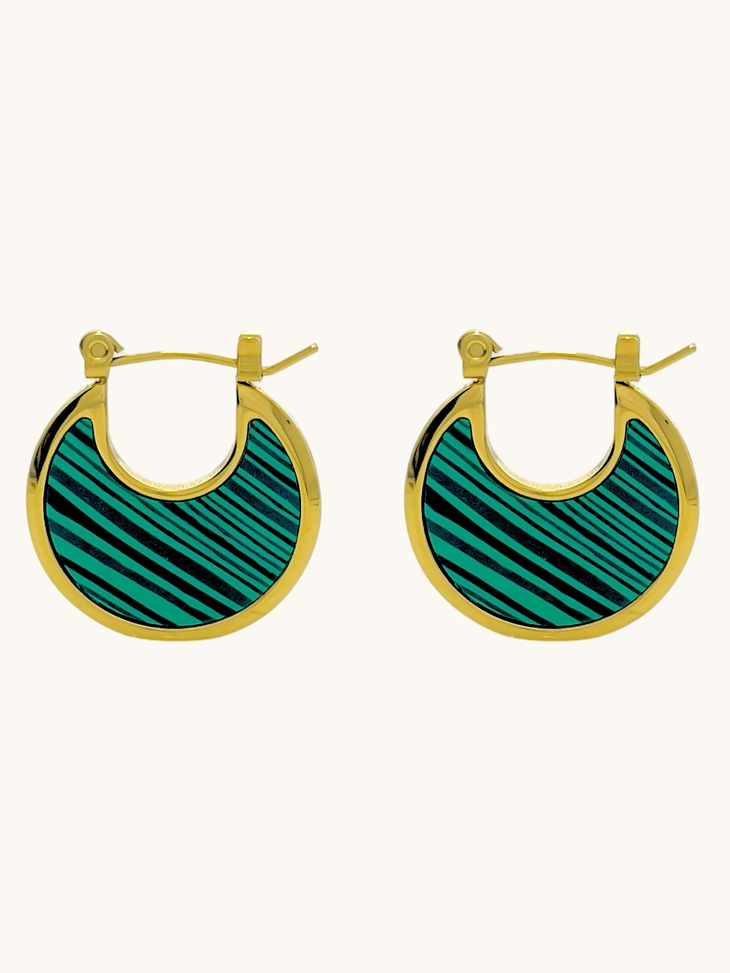 Front View of Joana Green Hoop Earrings in 18k Gold Plated Metal Jewelry for Pierced Ears Steel | Hypoallergenic Tarnish Resistant Sweat Water Stone Eco - Friendly One Size 6.4gms