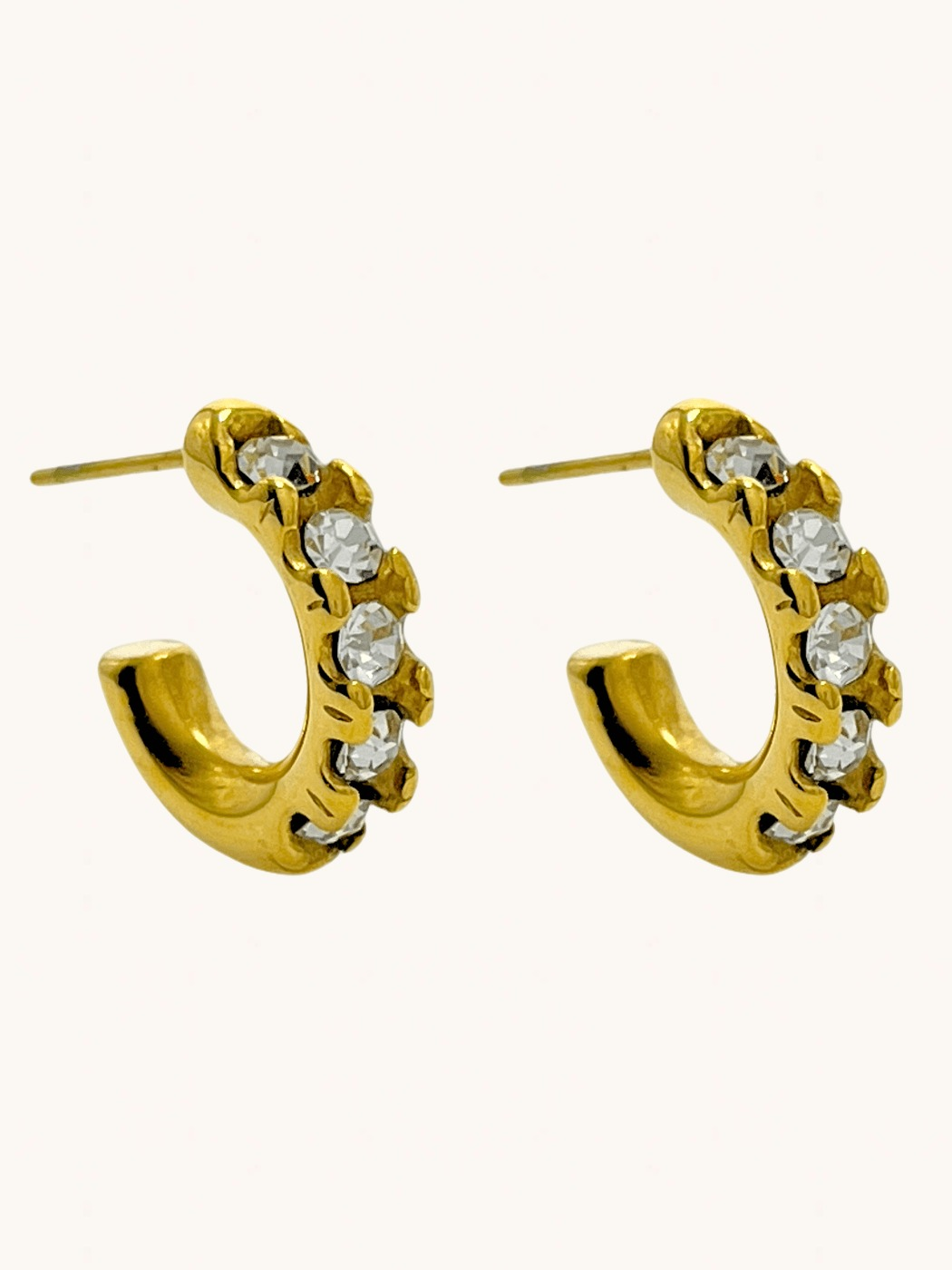 Front View of Corinne Crystal Hoops in 18k Gold Plated Metal Jewelry for Pierced Ears Steel | Hypoallergenic Tarnish Resistant Sweat Water Stone One Size 6gms