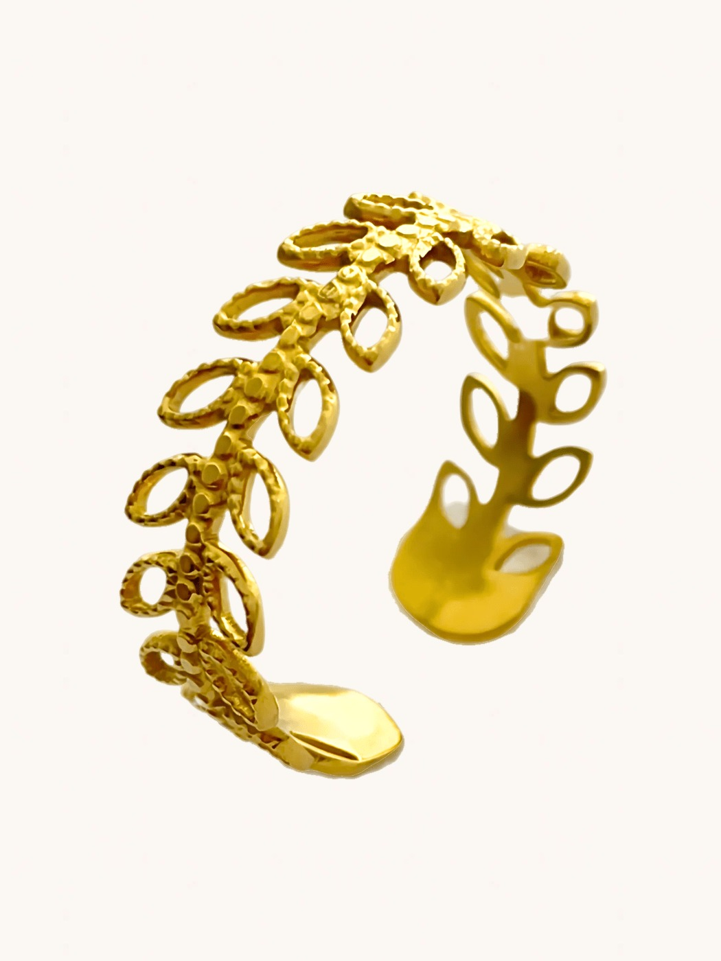 Closeup of Ambrose Open Ring in 18k Gold-Plated Metal Open-Adjustable-Resizable Gold Plated Steel | Hypoallergenic Tarnish Resistant Sweat Water Eco - Friendly One Size 1.4gms