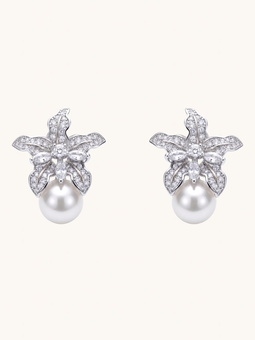 Front View of Cattleya Pearl Stud Earrings Jewelry for Pierced Ears Post / Pin & Push in 925 Sterling Silver Stamp Marked Rhodium Plated Copper 25.54 mm 8.5gms