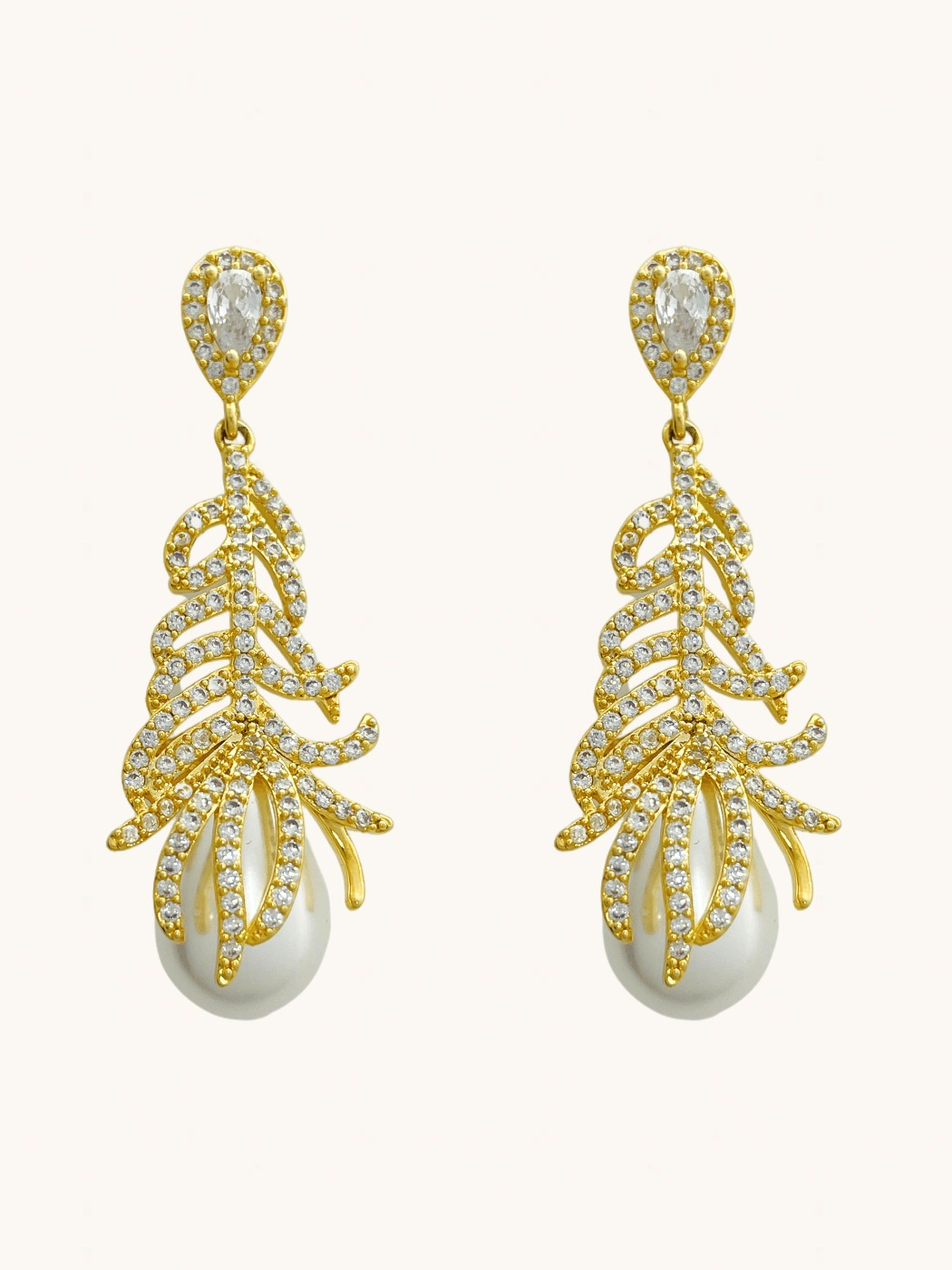 Front View of Callista Pearl Dangle Earrings in 18k Gold Plated Metal Jewelry for Pierced Ears 925 Sterling Silver Stone One Size 7gms