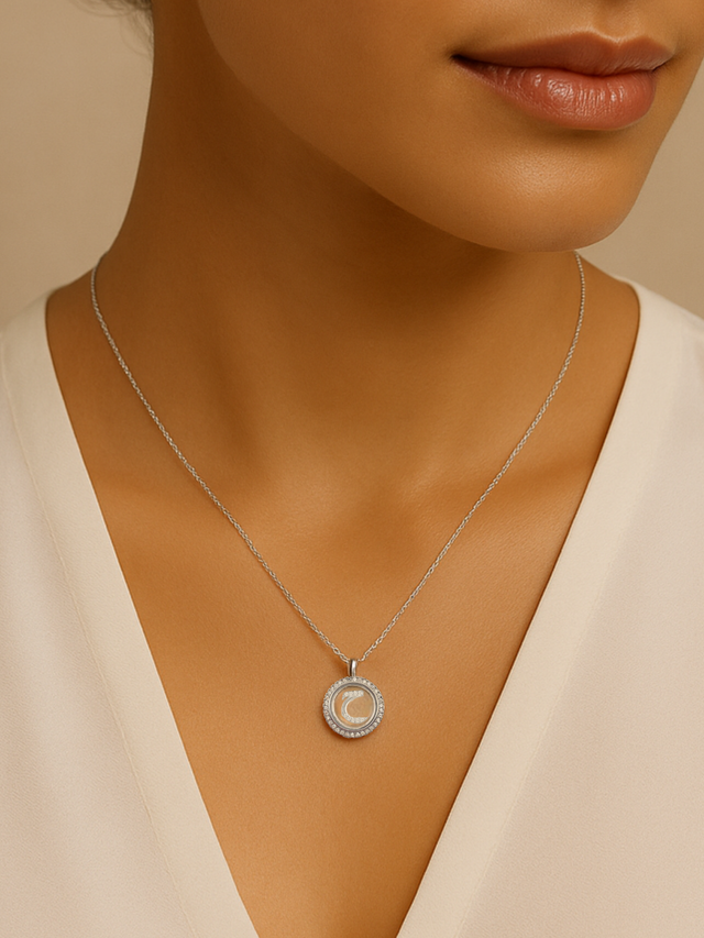 Model Wearing Arabic Letter "Hhaa" Charm Pendant Necklace in 925 Sterling Silver Comfort Fit Metal 16 inches 4.2gms