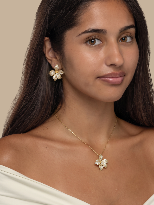 Model Wearing Orchid Bloom Pendant Necklace Comfort Fit 18K Gold Plated Brass 18k 925 Sterling Silver One Size 5.6gms