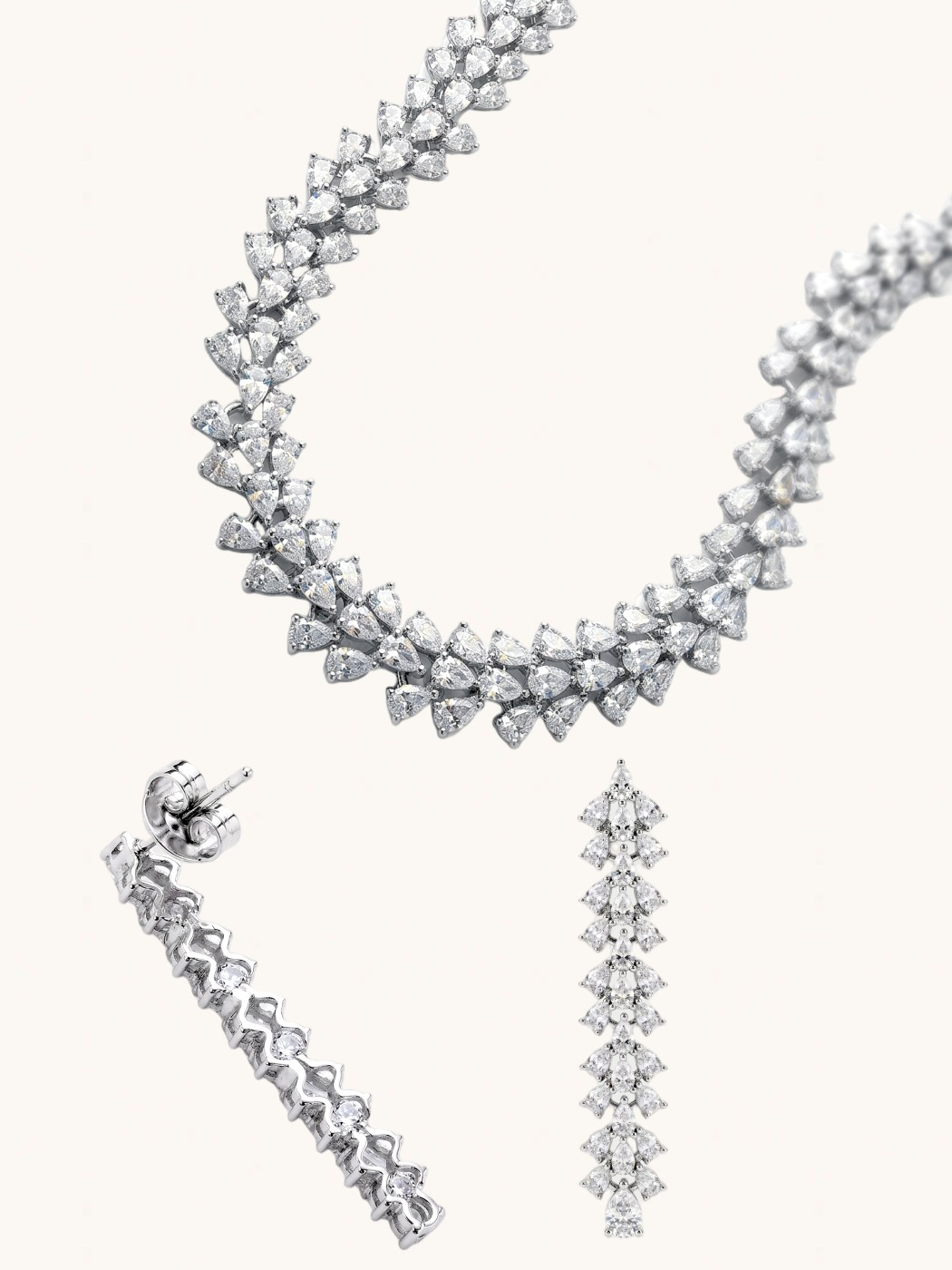 Closeup of Blair Necklace Set with Earrings and Ring in Rhodium Plated Metal Comfort Fit Copper One Size 40.4gms Mix
