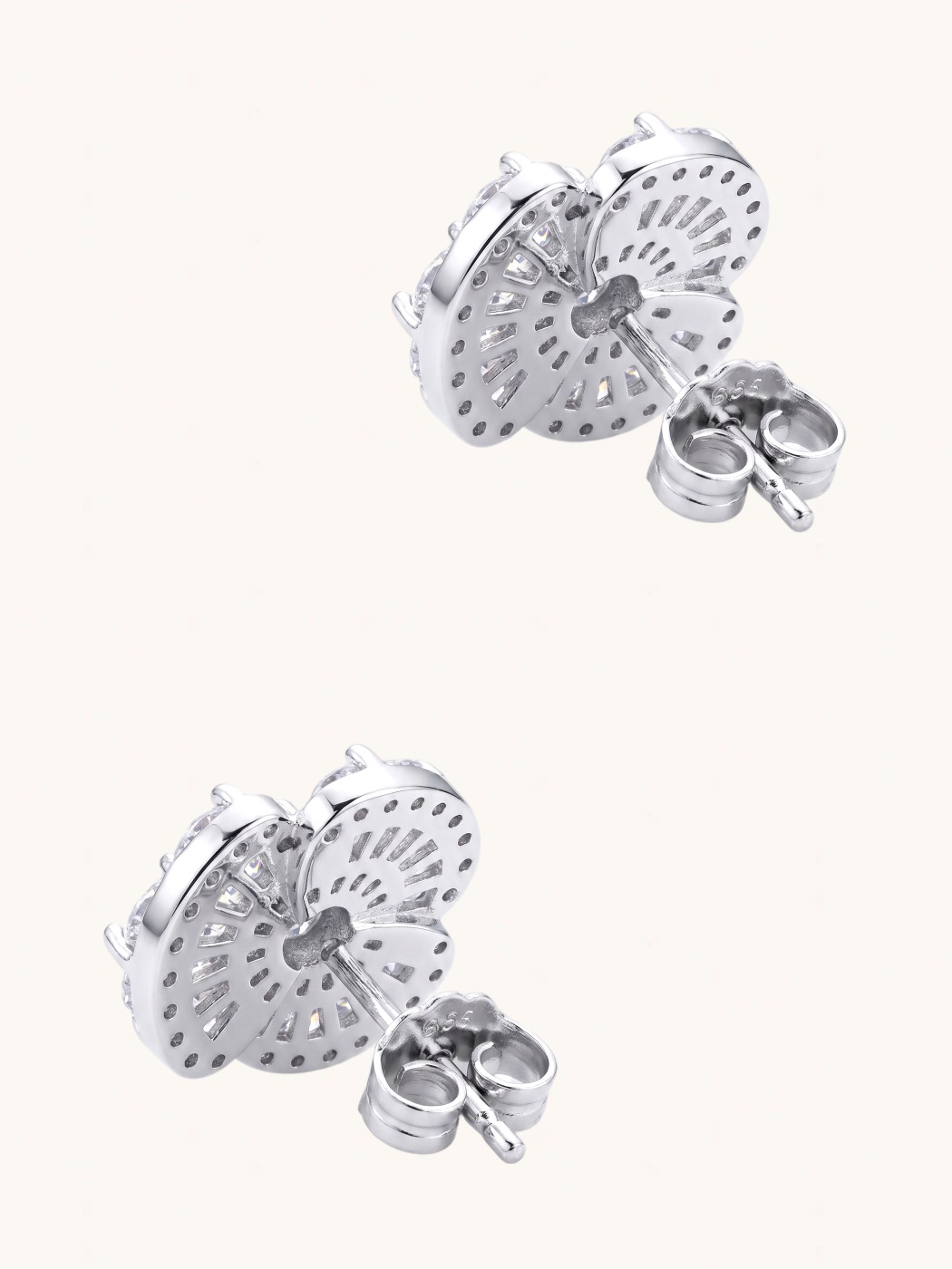 Rear View of Florence Sparkling Stud Earrings Jewelry for Pierced Ears Rhodium Plated Metal Post / Pin & Push in 925 Sterling Silver Stamp Marked 2 cm 7.3gms