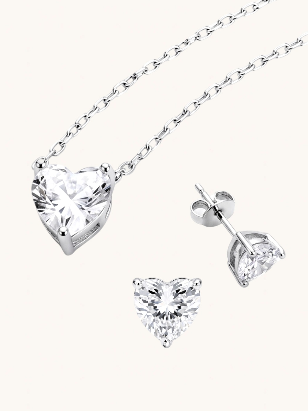 Closeup of Serafina Solitaire Heart Pendant and Stud Earrings Adjustable Length 925 Sterling Silver One Size 3.4gms