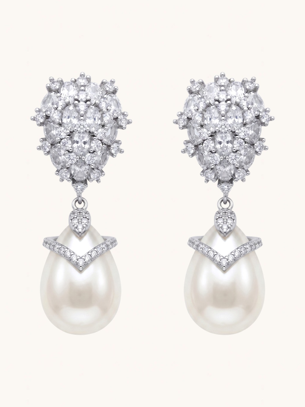 Front View of Ellara Pearl Dangle Earrings Jewelry for Pierced Ears Rhodium Plated Copper Post / Pin & Push in 925 Sterling Silver Stamp Marked 4 cm 10.4gms