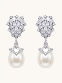 Front View of Ellara Pearl Dangle Earrings Jewelry for Pierced Ears Rhodium Plated Copper Post / Pin & Push in 925 Sterling Silver Stamp Marked 4 cm 10.4gms