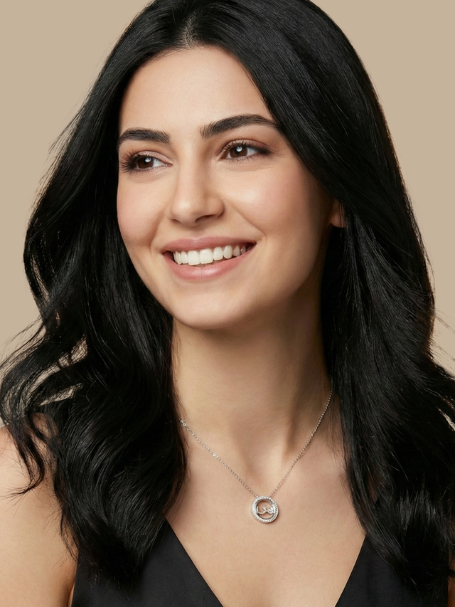 Model Wearing Arabic Letter "Seen" in 925 Sterling Silver Comfort Fit 16 inches 4.3gms