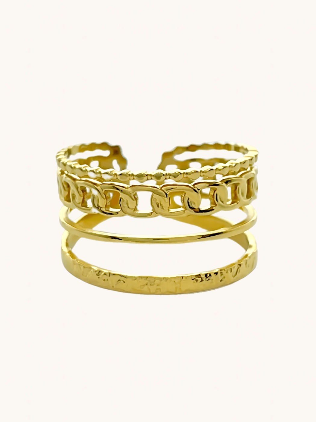 Front View of Arabella Open Ring in 18k Gold-Plated Metal Open-Adjustable-Resizable Gold Plated Steel | Hypoallergenic Tarnish Resistant Sweat Water Eco - Friendly One Size 2.4gms