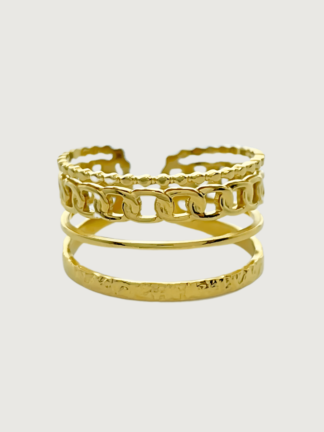 Front View of Arabella Open Ring in 18k Gold-Plated Metal Open-Adjustable-Resizable Gold Plated Steel | Hypoallergenic Tarnish Resistant Sweat Water Eco - Friendly One Size 2.4gms