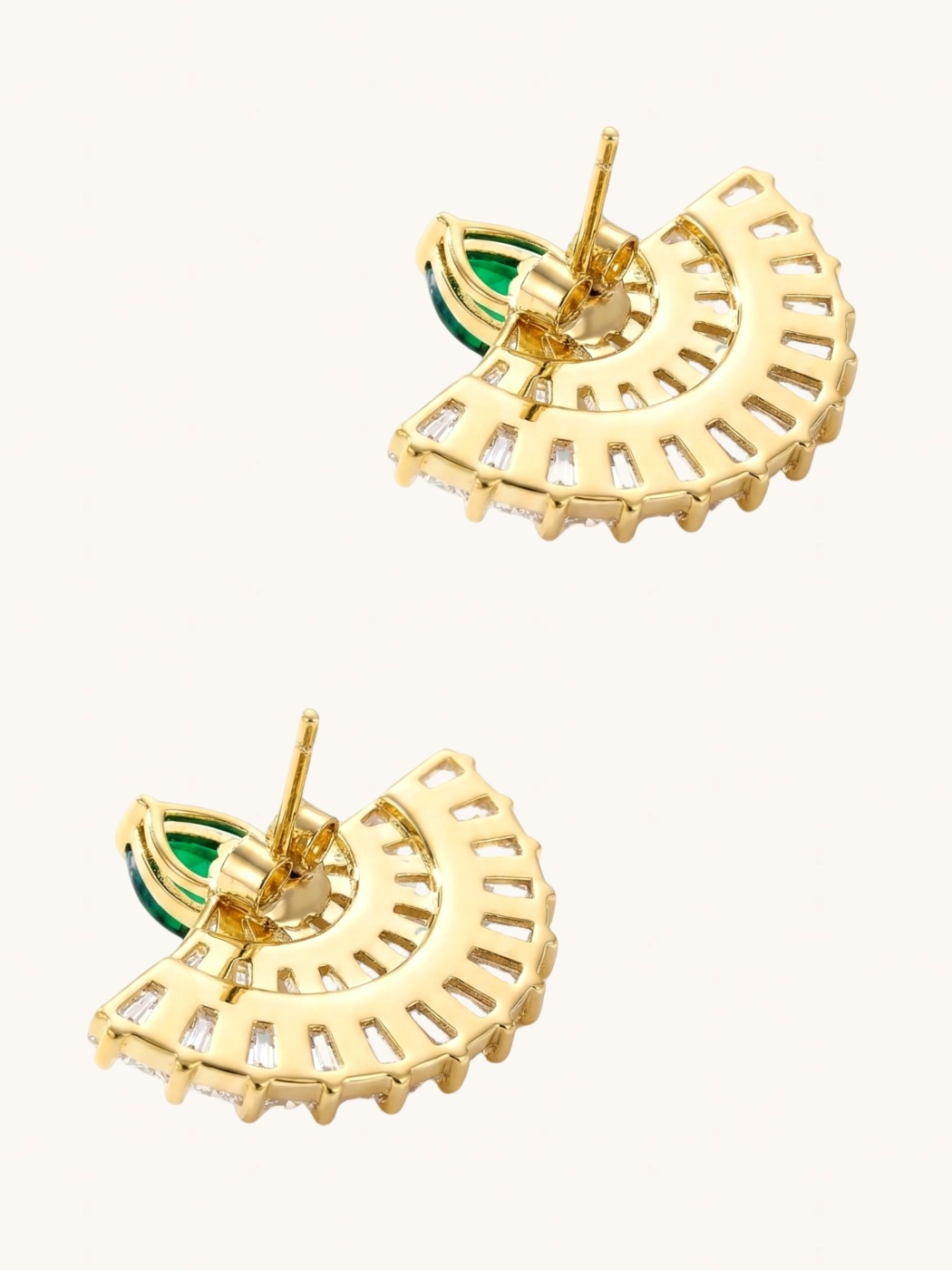 Rear View of Freya Fan Stud Earrings in Rhodium Plated Metal-Green Jewelry for Pierced Ears Brass Post / Pin & Push 925 Sterling Silver Stamp Marked 7.9gms