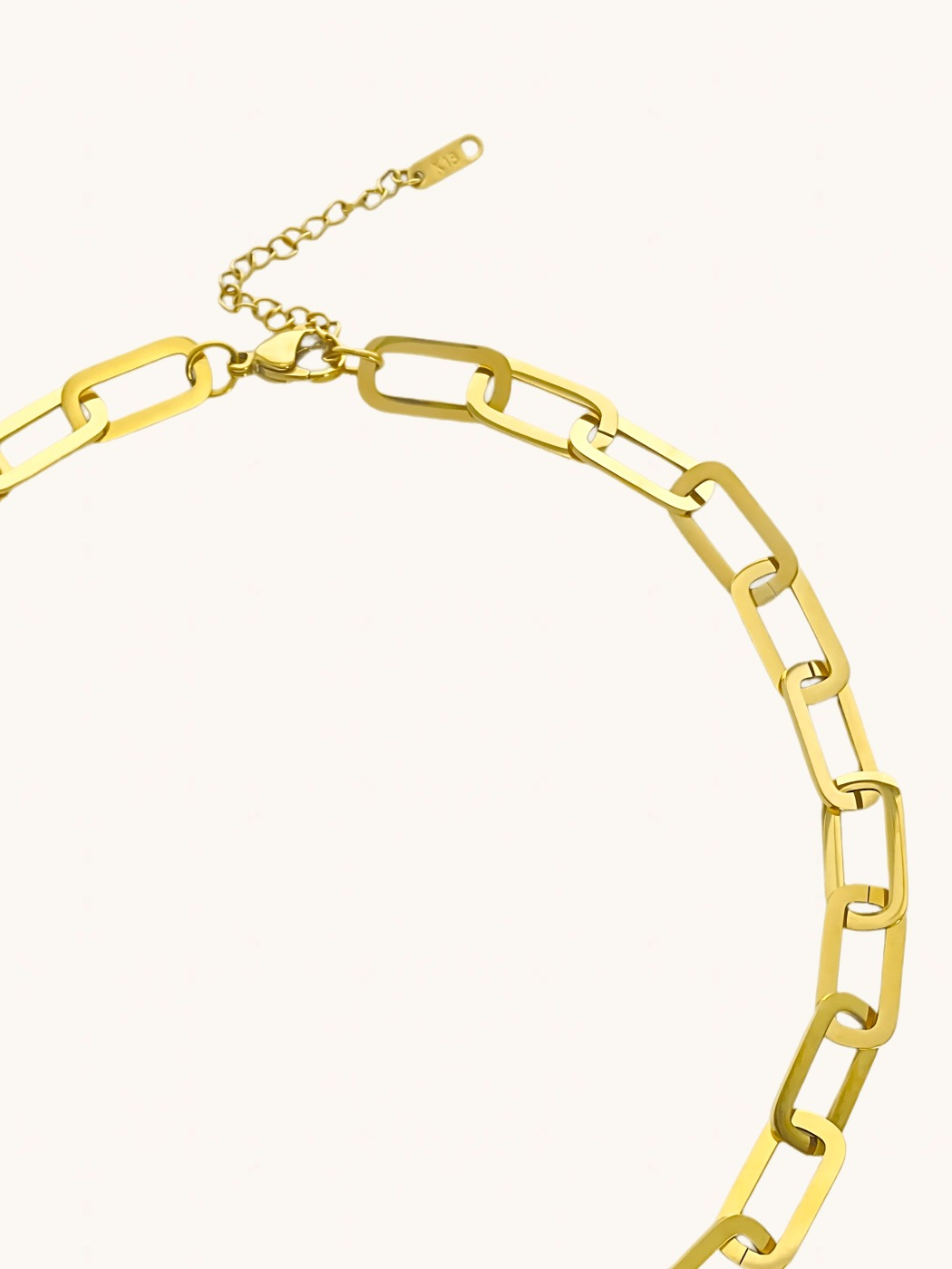 Rear View of Clarisse Chunky Paperclip Necklace in 18k Gold-Plated Metal Adjustable Length Gold Plated Steel | Hypoallergenic Tarnish Resistant Sweat Water Eco - Friendly 15 inches 18.2gms