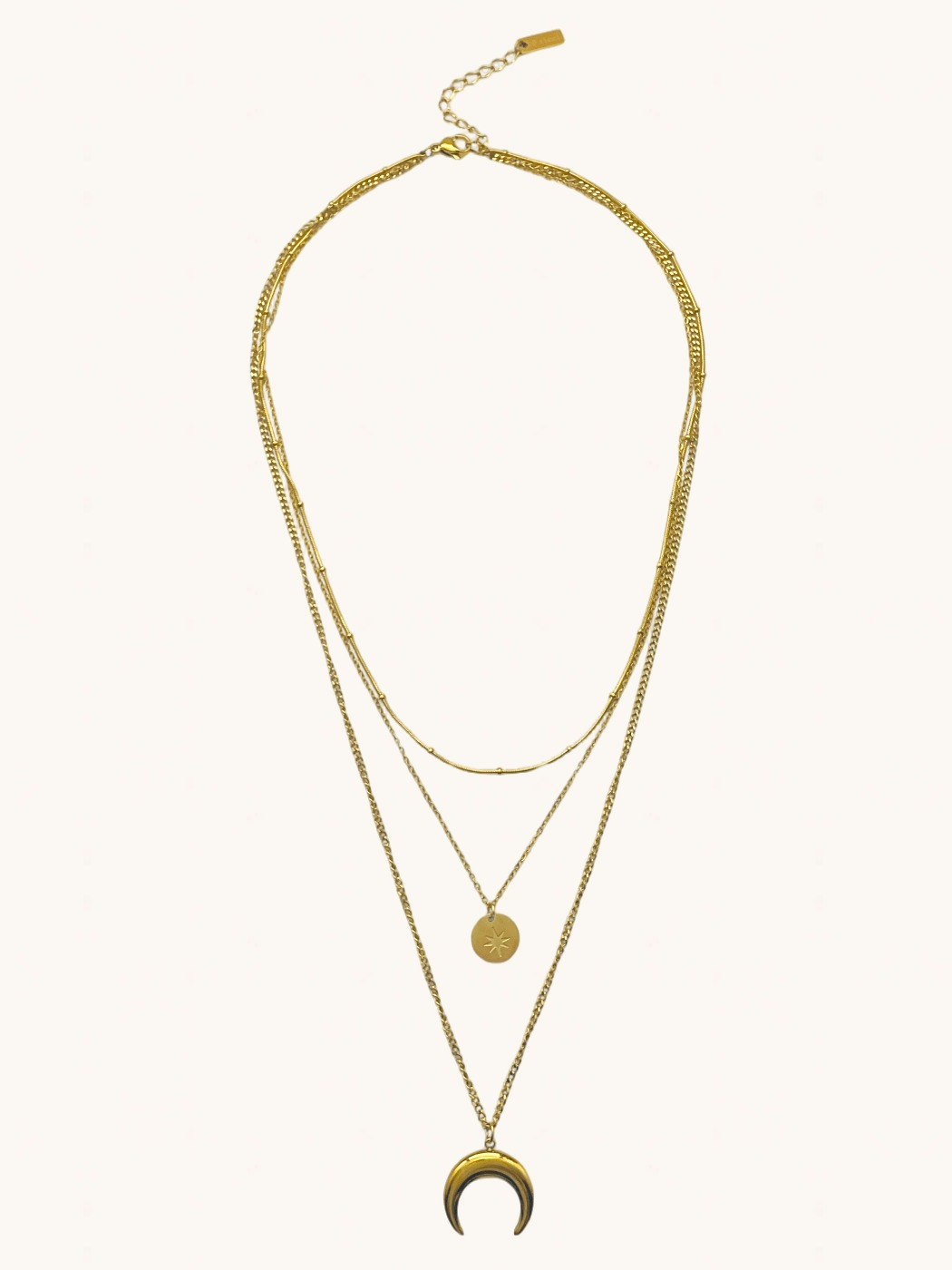 Rear View of Laira Layered Necklace in 18K Gold-Plated Metal Fixed Length 18k Gold Plated Steel | Hypoallergenic Tarnish Resistant Sweat Water Eco - Friendly One Size 9.8gms Stainless
