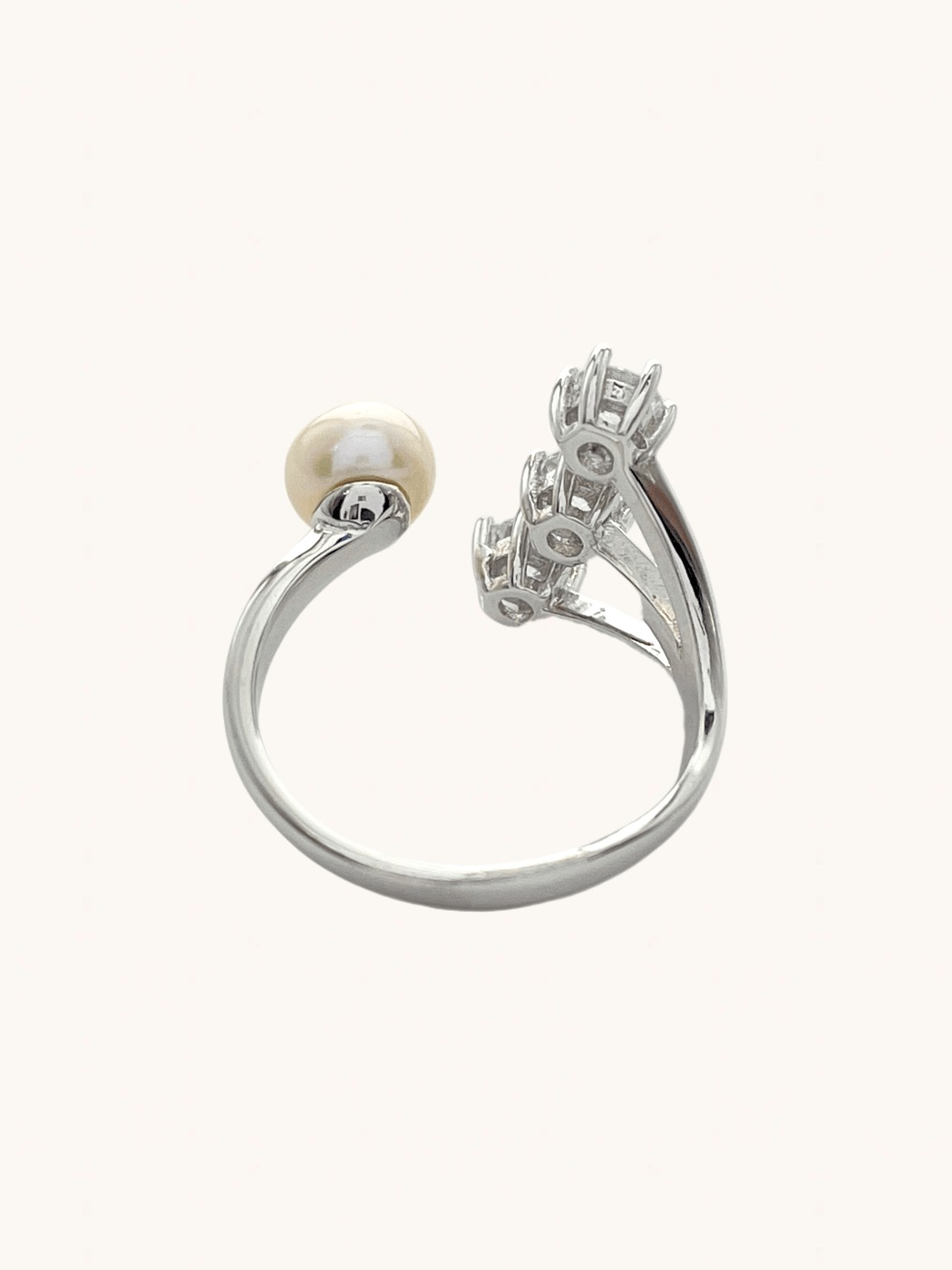 Rear View of Athena Pearl & CZ Adjustable Ring in Sterling Silver Open-Adjustable-Resizable 925 Metal Stone One Size 2.8gms