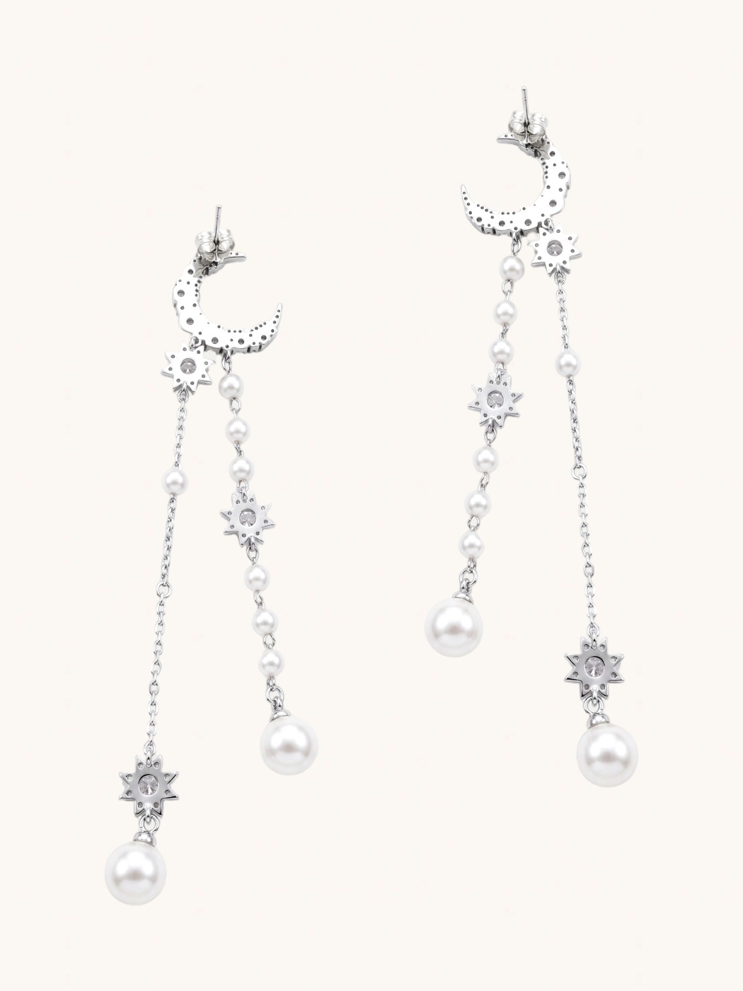 Rear View of Zaina Pearl Dangle Earrings Jewelry for Pierced Ears 925 Sterling Silver Rhodium Plated Copper 4 inches 9.9gms