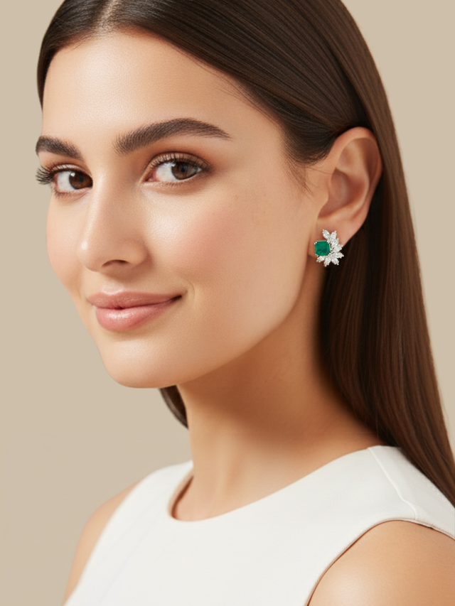 Model Wearing Celestia Stud Earrings in 925 Sterling Silver- Green Jewelry for Pierced Ears Silver Metal 1.5 cm 5.3gms