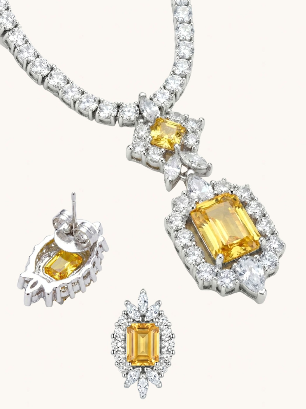 Closeup of Amaris Tennis Necklace and Earrings in Rhodium Plated Metal-Yellow Comfort Fit Copper 16 inches 23.6gms Mix Metal
