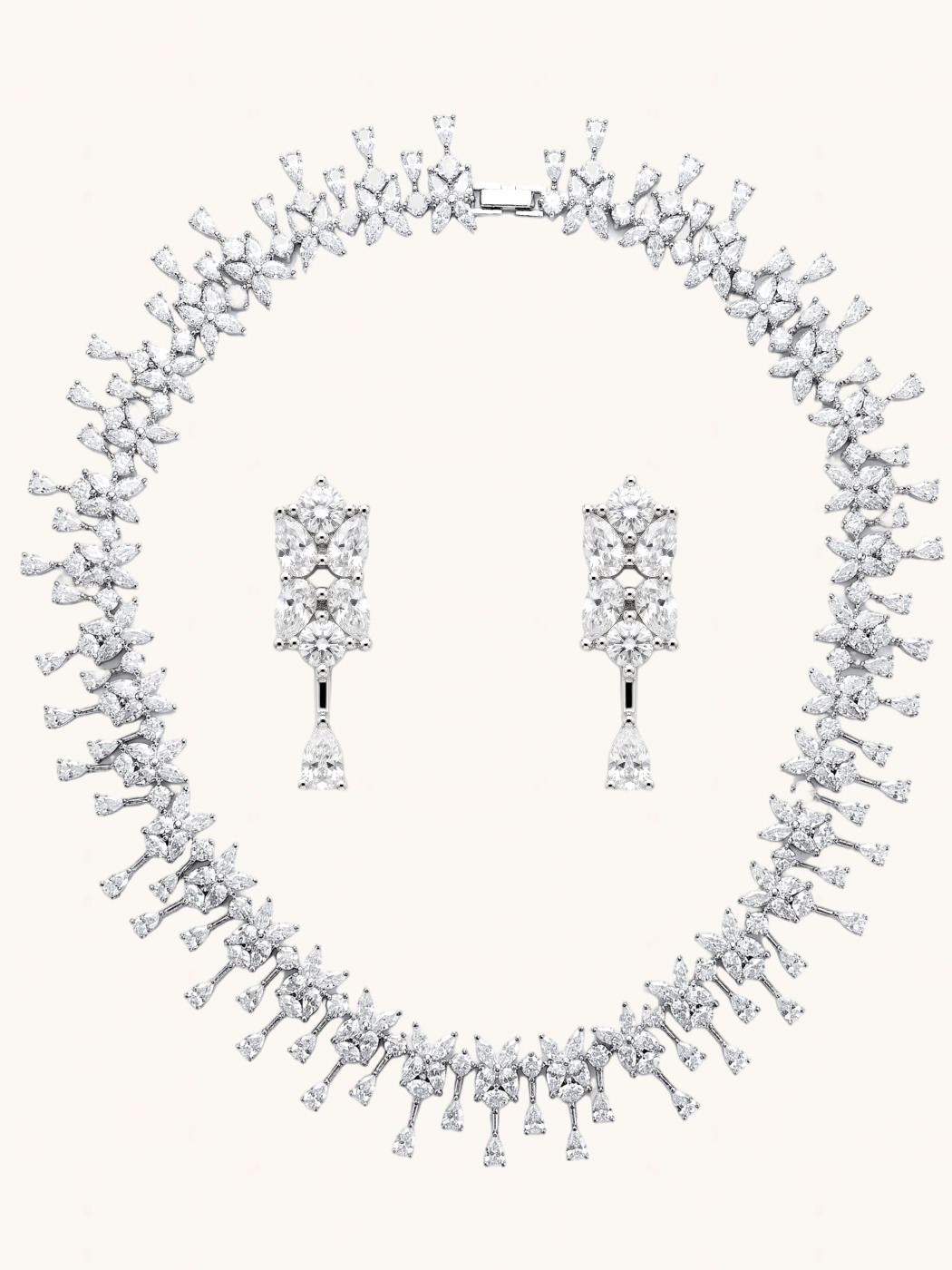 Front View of Isla Necklace Set With Earrings in Rhodium Plated Metal Comfort Fit Copper One Size 67.3gms