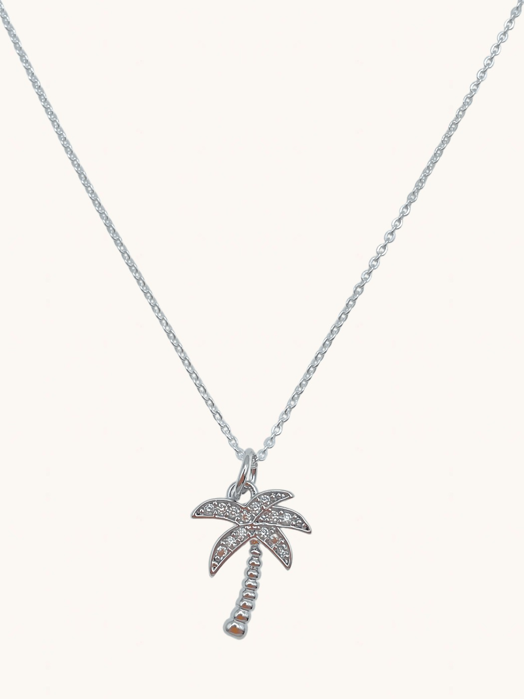 Front View of Palm Tree Pendant Necklace in 925 Sterling Silver Fixed Length Rhodium Plated Brass Chain Metal 17 inches 2.1gms