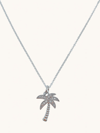 Front View of Palm Tree Pendant Necklace in 925 Sterling Silver Fixed Length Rhodium Plated Brass Chain Metal 17 inches 2.1gms