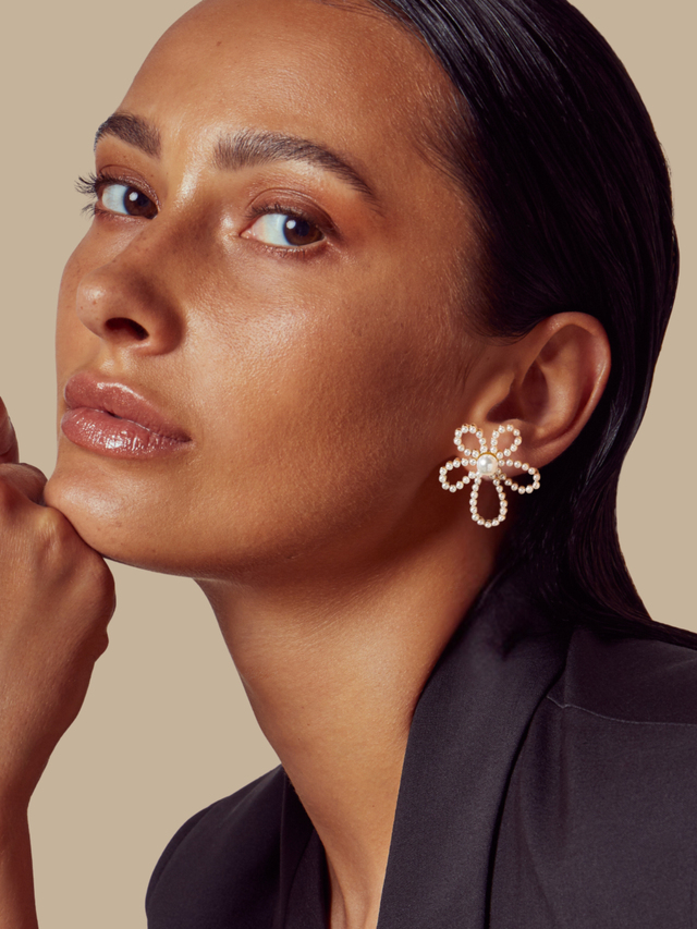 Model Wearing Petal Perfect Pearl Stud Earrings Jewelry for Pierced Ears 18k Gold Plated Steel | Hypoallergenic Tarnish Resistant Sweat Water Eco - Friendly One Size 7.5gms Stainless