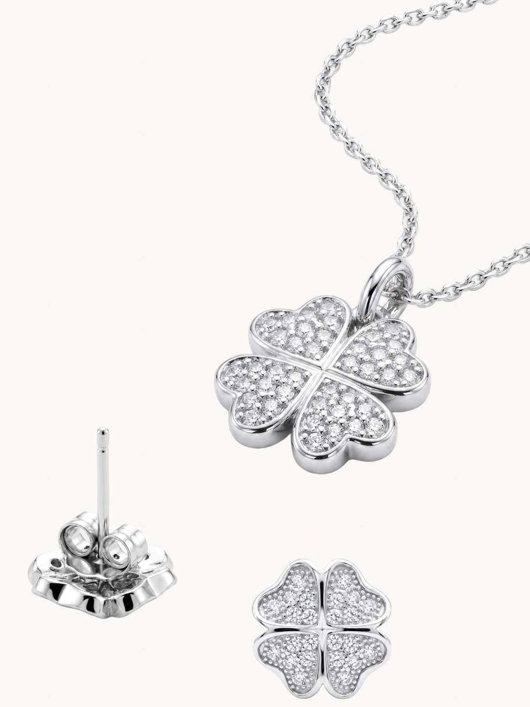 Closeup of Cara Clover Pendant Necklace Set Fixed Length 925 Sterling Silver 16 inches 4.2gms