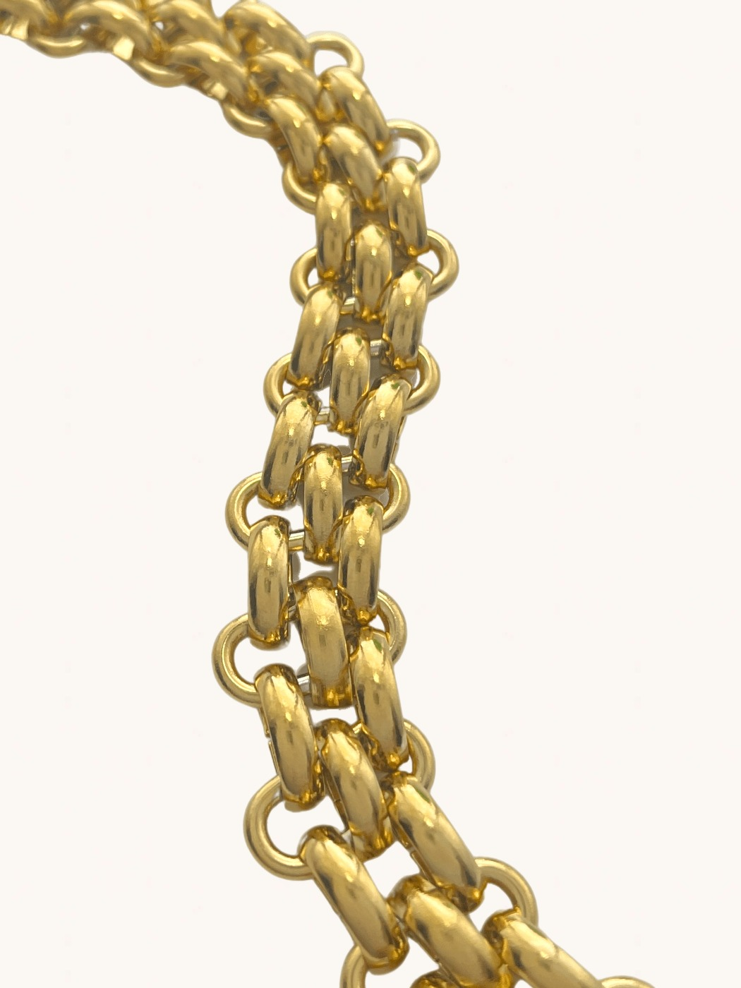 Closeup of Clara Chunky Bracelet in 18k Gold Plated Metal Adjustable Length Steel | Hypoallergenic Tarnish Resistant Sweat Water Eco - Friendly 17 cm 25.5gms